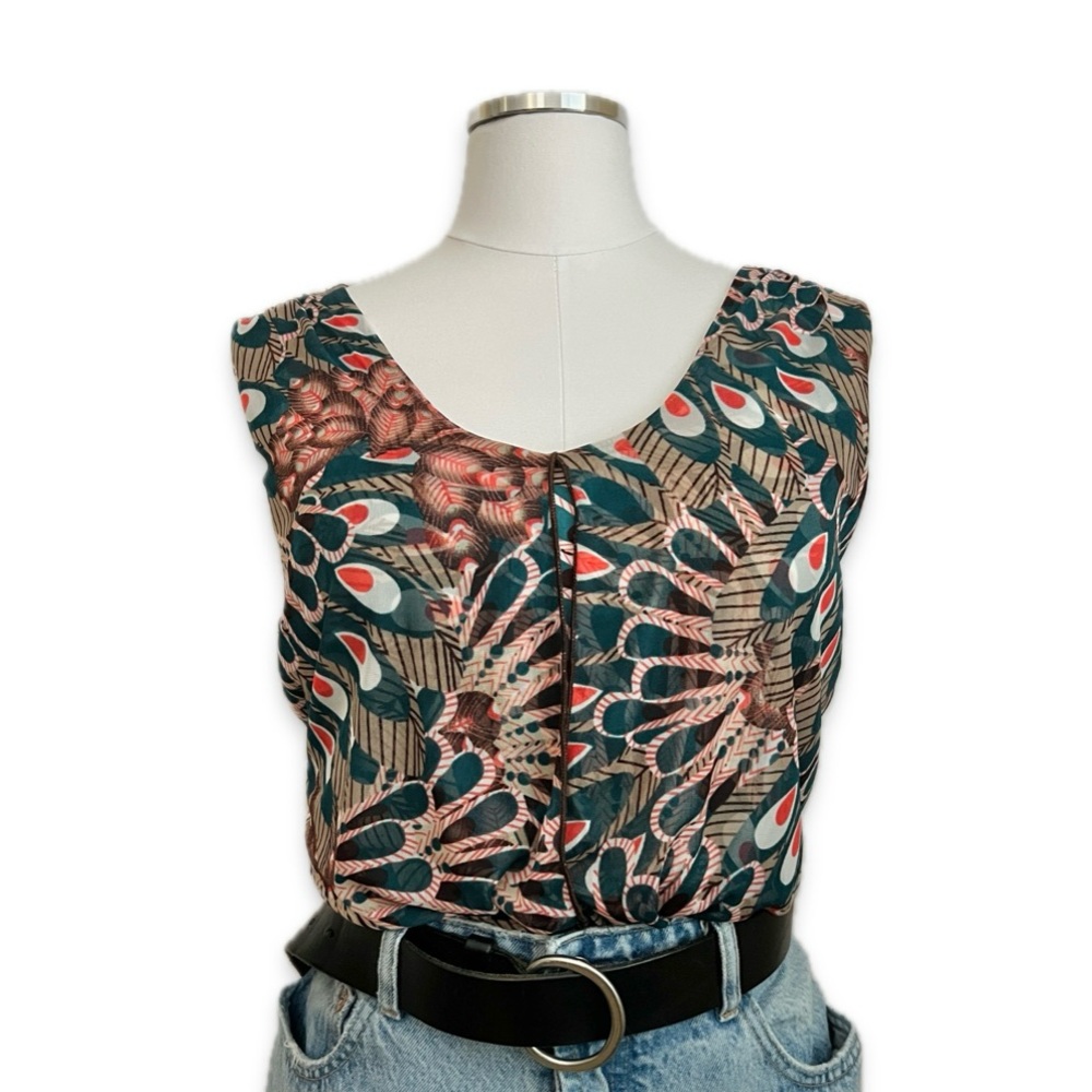 boho earthtones flowy sleeveless scoop neck sheer layer tunic blouse top | sz l